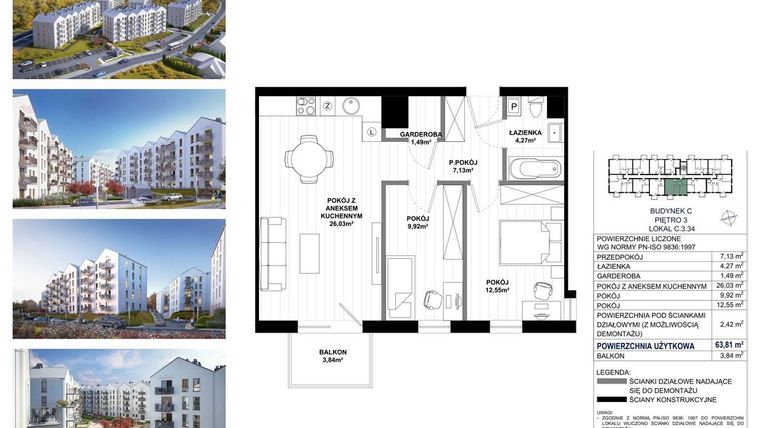 Rzut - Mieszkanie na sprzedaż 3 pokoje o powierzchni 61,39 m² - numer C.3.34 w Skandinavia
