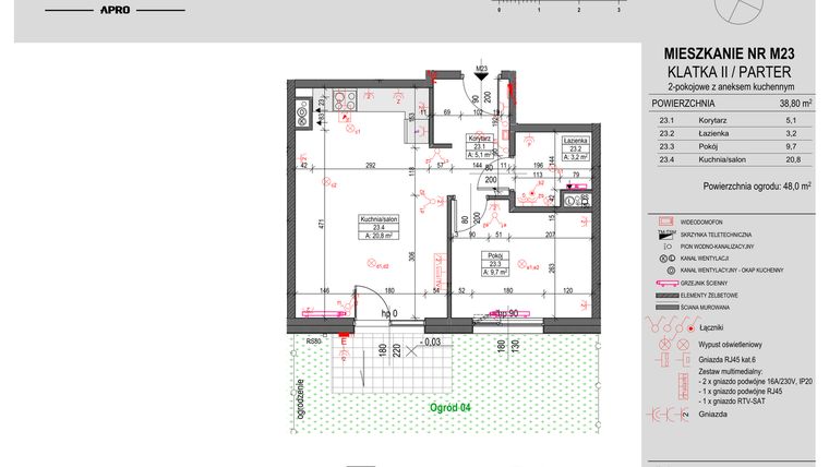 Rzut - Mieszkanie na sprzedaż 2 pokoje o powierzchni 38,8 m² - numer M23 w Antczaka 46