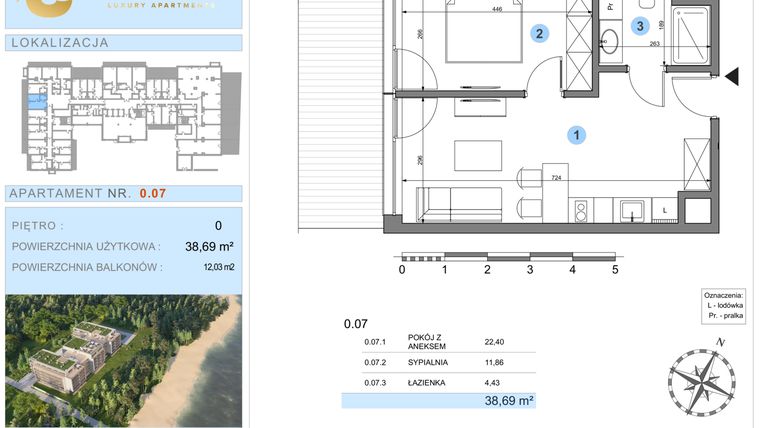 Rzut - Mieszkanie na sprzedaż 1 pokój o powierzchni 38,69 m² - numer 0.7 w Ustronie Luxury Apartments