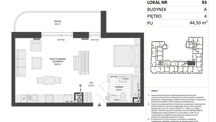 Rzut - Mieszkanie na sprzedaż 1 pokój o powierzchni 44,5 m² - numer A.93 w Esencja