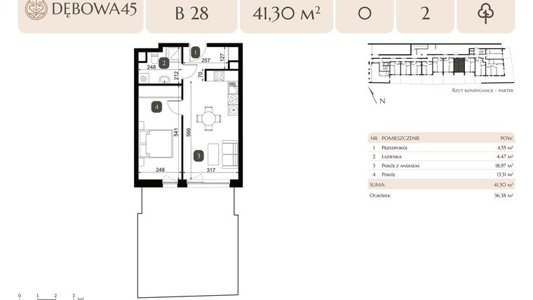 Rzut - Mieszkanie na sprzedaż 2 pokoje o powierzchni 41,3 m² - numer B.28 w Dębowa 45