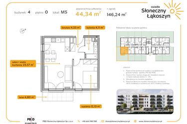 Rzut - Mieszkanie na sprzedaż 2 pokoje o powierzchni 44,34 m² - numer 4/M/0/5 w Osiedle Słoneczny Łąkoszyn bud. 4