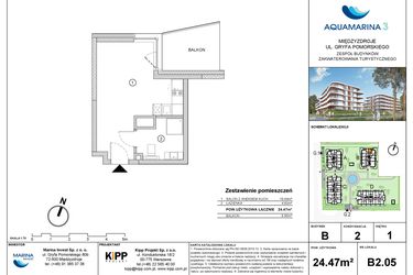 Rzut - Mieszkanie na sprzedaż 1 pokój o powierzchni 24,47 m² - numer B2.05 w Aquamarina 3