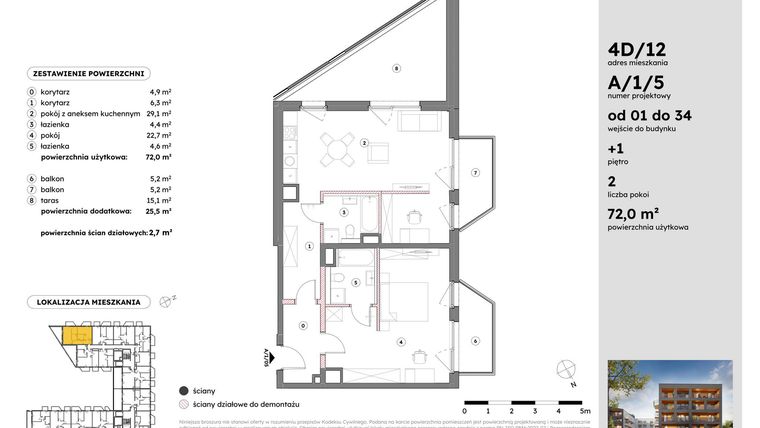 Rzut - Mieszkanie na sprzedaż 2 pokoje o powierzchni 72,06 m² - numer A/1/5 w Osiedle Mateckiego 4ALL