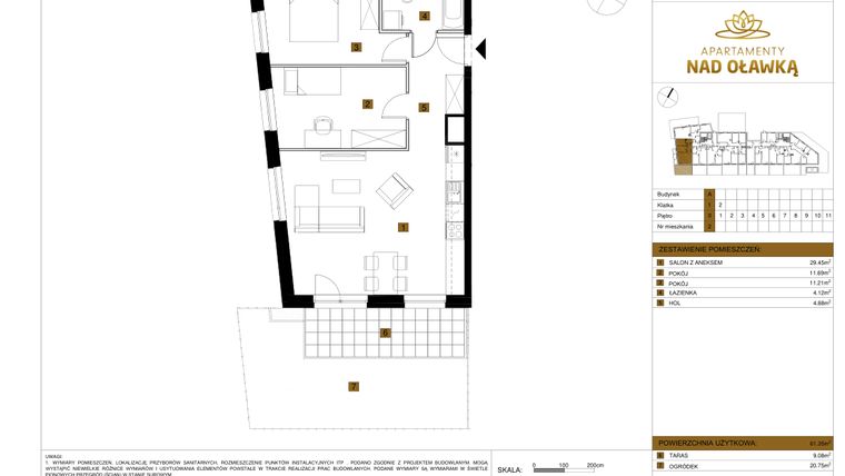 Rzut - Mieszkanie na sprzedaż 3 pokoje o powierzchni 61,35 m² - numer 2 w Apartamenty nad Oławką