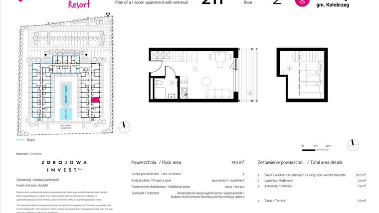 Rzut - Mieszkanie na sprzedaż 1 pokój o powierzchni 31,3 m² - numer 211 w VacationClub Resort