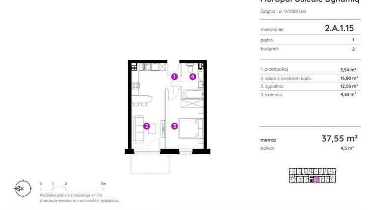 Rzut - Mieszkanie na sprzedaż 2 pokoje o powierzchni 37,55 m² - numer 2.A.1.15 w Murapol Osiedle Dynamiq