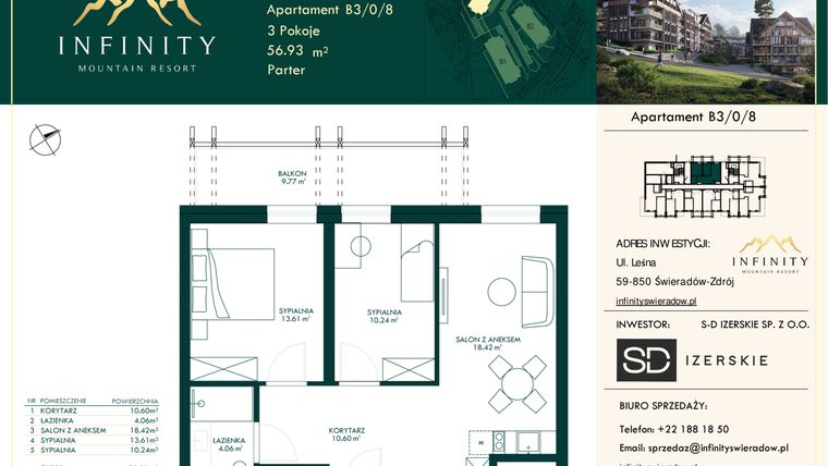 Rzut - Mieszkanie na sprzedaż 3 pokoje o powierzchni 56,93 m² - numer B3.0.8 w Infinity Mountain Resort
