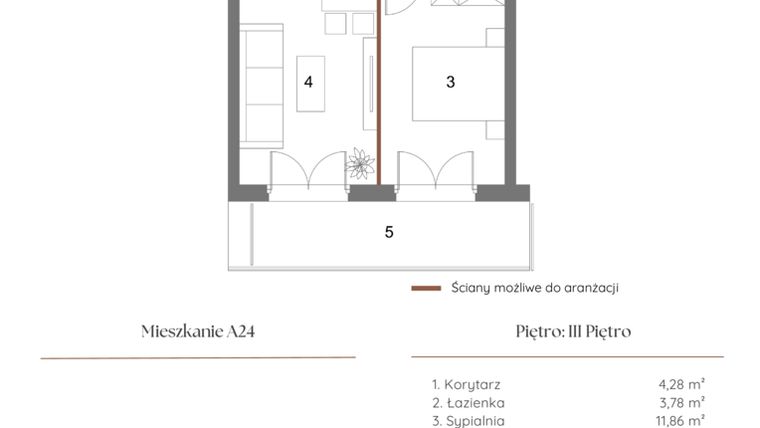 Rzut - Mieszkanie na sprzedaż 2 pokoje o powierzchni 39,96 m² - numer A24 w Dąbrowskiego 9