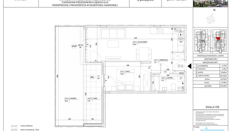Rzut - Mieszkanie na sprzedaż 2 pokoje o powierzchni 43,94 m² - numer M-1 w Apartamenty Konopnickiej