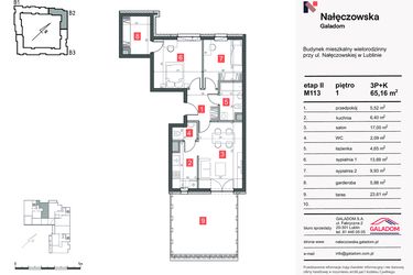 Rzut - Mieszkanie na sprzedaż 3 pokoje o powierzchni 65,16 m² - numer M-113 w Nałęczowska etap II