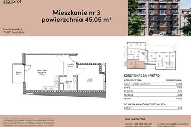 Rzut - Mieszkanie na sprzedaż 2 pokoje o powierzchni 45,05 m² - numer M3 w Plac Słowiański 9