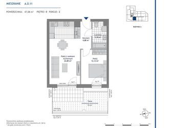 Rzut - Mieszkanie na sprzedaż 2 pokoje o powierzchni 47,08 m² - numer A.0.11 w Linea bud. A