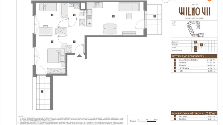 Rzut - Mieszkanie na sprzedaż 3 pokoje o powierzchni 62,12 m² - numer II.B.101 w Osiedle Wilno