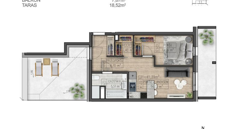 Rzut - Mieszkanie na sprzedaż 2 pokoje o powierzchni 41,39 m² - numer G21 w Osiedle Parkowe