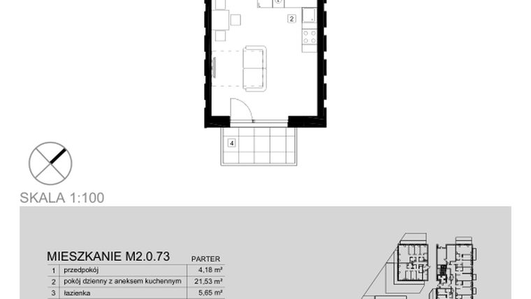 Rzut - Mieszkanie na sprzedaż 1 pokój o powierzchni 31,36 m² - numer M2.0.73 w Modern Helenów