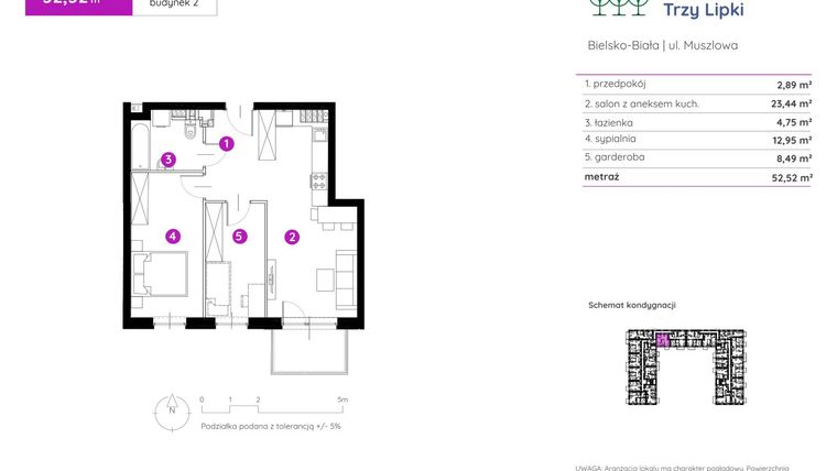 Rzut - Mieszkanie na sprzedaż 2 pokoje o powierzchni 52,52 m² - numer 2.A.3.09 w Murapol Trzy Lipki etap II