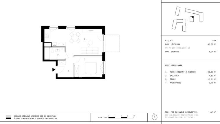 Rzut - Mieszkanie na sprzedaż 2 pokoje o powierzchni 44,81 m² - numer 80 w 28 czerwca 1956 r.