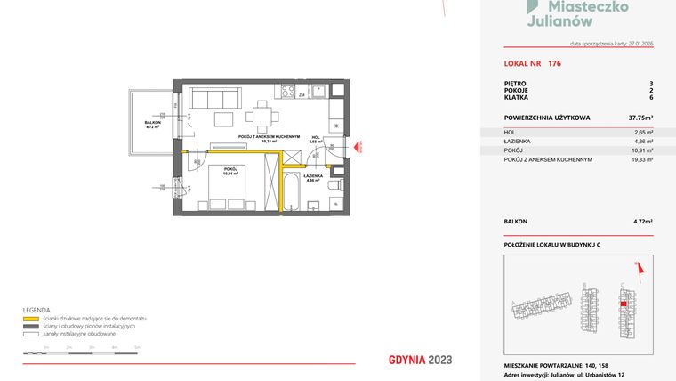 Rzut - Mieszkanie na sprzedaż 2 pokoje o powierzchni 37,69 m² - numer 176 w Miasteczko Julianów