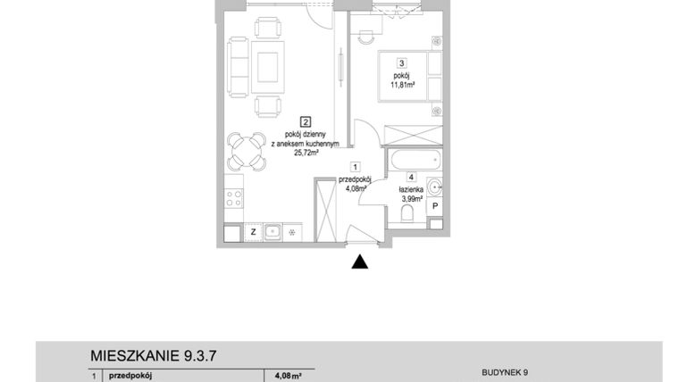 Rzut - Mieszkanie na sprzedaż 2 pokoje o powierzchni 45,6 m² - numer 9.3.7 w Osiedle Przyjemne IV