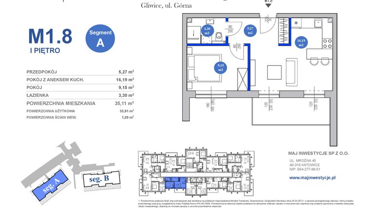 Rzut - Mieszkanie na sprzedaż 2 pokoje o powierzchni 33,91 m² - numer M1.8 w Osiedle Majowe 2.0 etap II