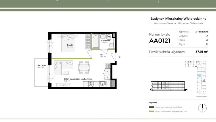 Rzut - Mieszkanie na sprzedaż 2 pokoje o powierzchni 37,91 m² - numer AA0121 w Orneko