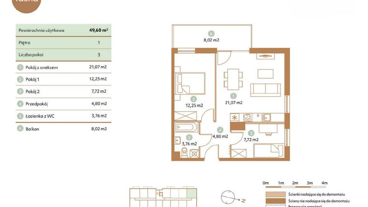 Rzut - Mieszkanie na sprzedaż 3 pokoje o powierzchni 49,6 m² - numer D19-1 w Fauna