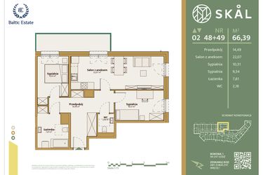 Rzut - Mieszkanie na sprzedaż 1 pokój o powierzchni 66,39 m² - numer M.48+49 w Skal