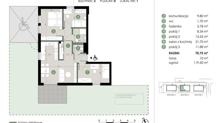 Rzut - Mieszkanie na sprzedaż 4 pokoje o powierzchni 70,75 m² - numer 2.1. w Osiedle Kwiatowa