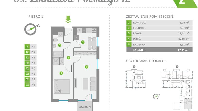 Rzut - Mieszkanie na sprzedaż 2 pokoje o powierzchni 47,35 m² - numer 2 w Os. Lotnictwa Polskiego 12