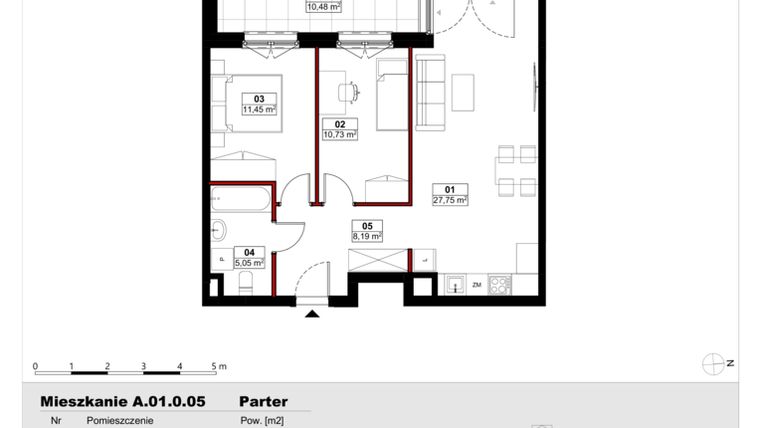 Rzut - Mieszkanie na sprzedaż 3 pokoje o powierzchni 63,18 m² - numer A01.0.05 w Skwer Witosa