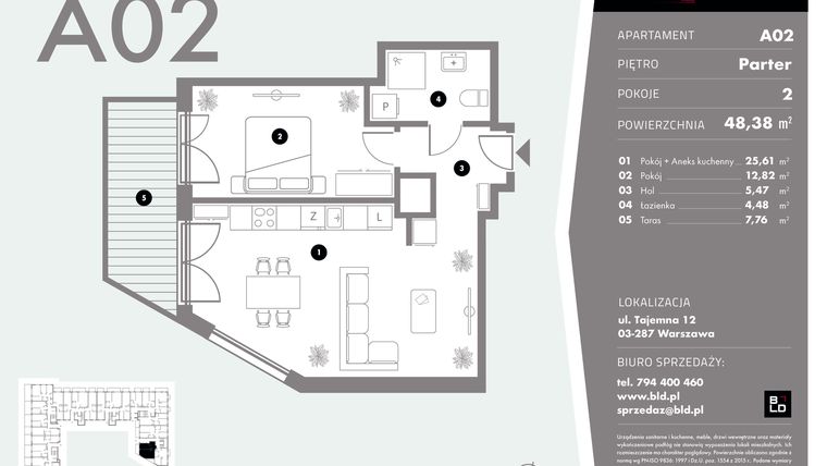 Rzut - Mieszkanie na sprzedaż 2 pokoje o powierzchni 48,38 m² - numer A02 w Livo