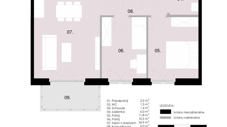 Rzut - Mieszkanie na sprzedaż 3 pokoje o powierzchni 63,54 m² - numer M5.02 w Wola Vert