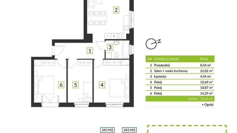 Rzut - Mieszkanie na sprzedaż 4 pokoje o powierzchni 75,65 m² - numer 1K4 M2 w Osiedle Krzeptów przy lesie