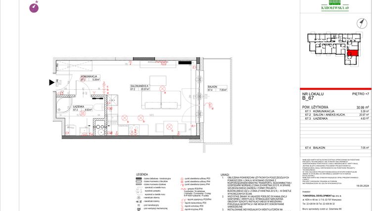 Rzut - Mieszkanie na sprzedaż 1 pokój o powierzchni 30,99 m² - numer B.67 w Karolewska 60