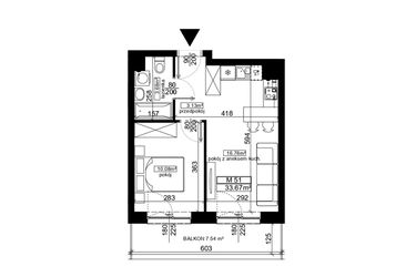 Rzut - Mieszkanie na sprzedaż 2 pokoje o powierzchni 33,67 m² - numer 51 w Ubocze