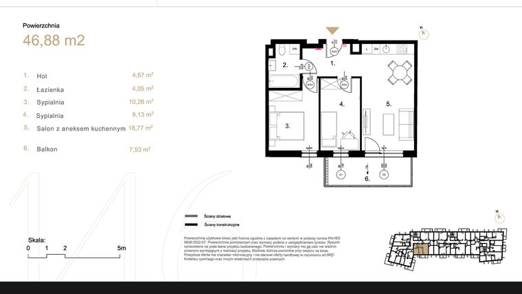 Rzut - Mieszkanie na sprzedaż 3 pokoje o powierzchni 46,88 m² - numer K1.09 w Korkowa 146