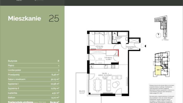 Rzut - Mieszkanie na sprzedaż 3 pokoje o powierzchni 65,39 m² - numer B25 w Stawowa Residence - etap V