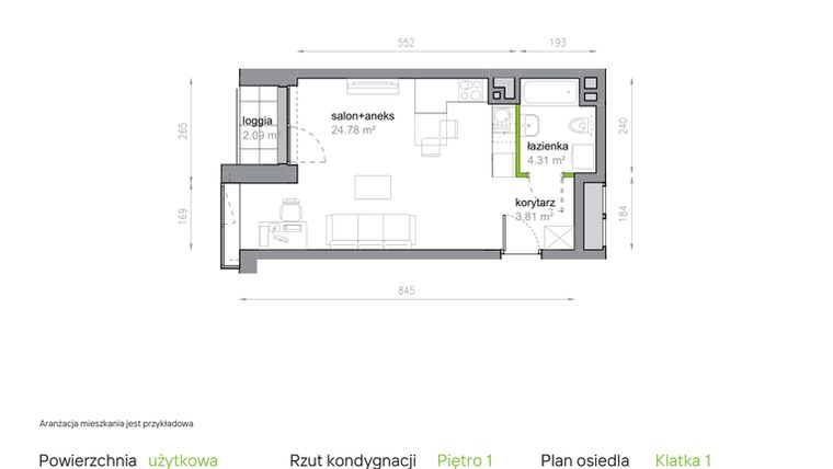 Rzut - Mieszkanie na sprzedaż 1 pokój o powierzchni 32,9 m² - numer K1/1/05 w Piękna Vita