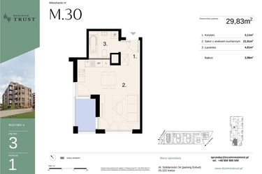 Rzut - Mieszkanie na sprzedaż 1 pokój o powierzchni 29,83 m² - numer A - M.30 w Dzielnica Trust