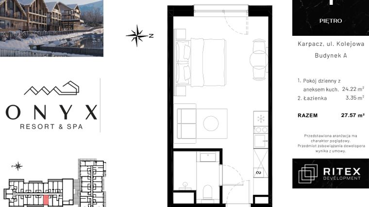 Rzut - Mieszkanie na sprzedaż 1 pokój o powierzchni 27,7 m² - numer NR 01.A3 w Onyx Resort & Spa