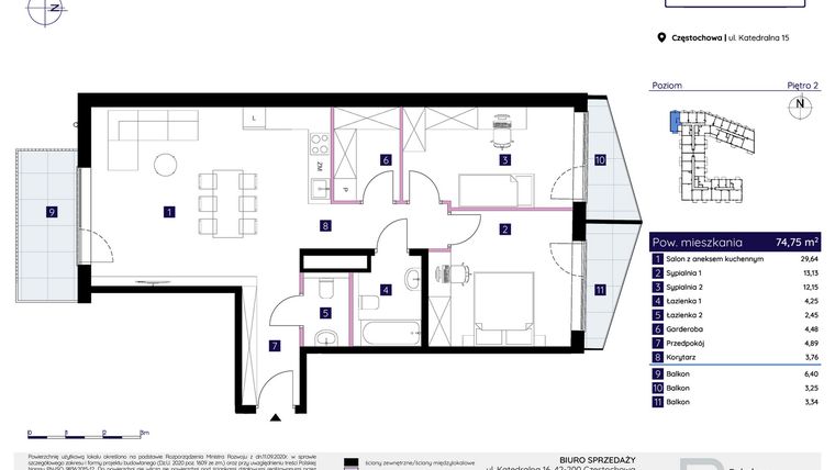 Rzut - Mieszkanie na sprzedaż 3 pokoje o powierzchni 74,75 m² - numer 15/52 w Osiedle Neonowe