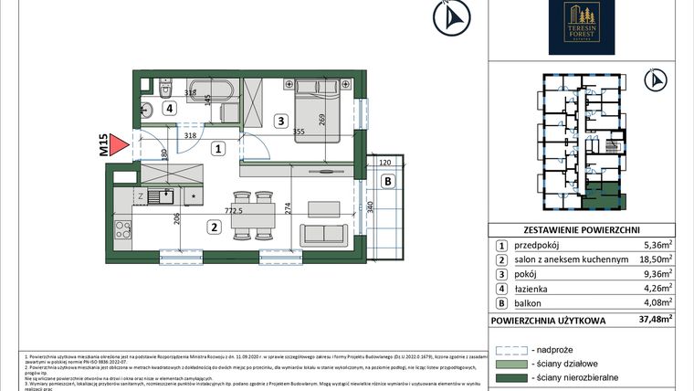 Rzut - Mieszkanie na sprzedaż 2 pokoje o powierzchni 36,11 m² - numer 15 w Osiedle przy Sportowej etap III