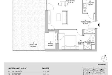 Rzut - Mieszkanie na sprzedaż 2 pokoje o powierzchni 47,76 m² - numer 1A.0.07 w Francuska Park VIIIB