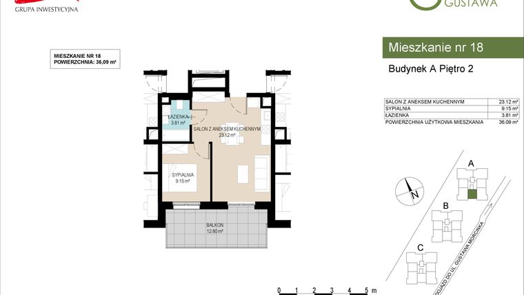 Rzut - Mieszkanie na sprzedaż 2 pokoje o powierzchni 36,09 m² - numer A18 w Wzgórze Gustawa