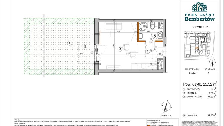 Rzut - Mieszkanie na sprzedaż 1 pokój o powierzchni 25,52 m² - numer J2-4 w Park Leśny Rembertów etap VIII