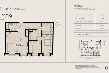 Rzut - Mieszkanie na sprzedaż 3 pokoje o powierzchni 88,73 m² - numer B2.M39 w Libra Residence