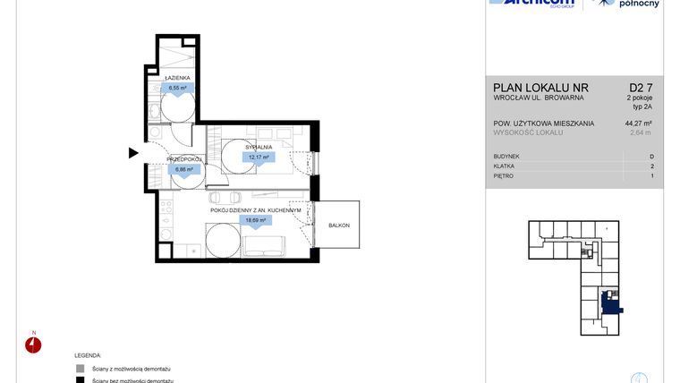Rzut - Mieszkanie na sprzedaż 2 pokoje o powierzchni 44,27 m² - numer D2.7 w Bulwar Północny