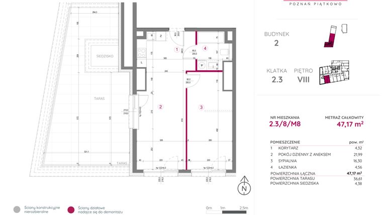 Rzut - Mieszkanie na sprzedaż 2 pokoje o powierzchni 47,17 m² - numer 2.3/8/M8 w Lechicka 65