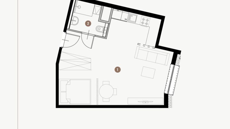 Rzut - Mieszkanie na sprzedaż 1 pokój o powierzchni 37,23 m² - numer II.8.6 w Tuwima Apartments